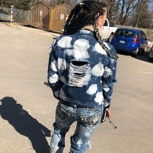 Distressed, unique jean jacket, size medium